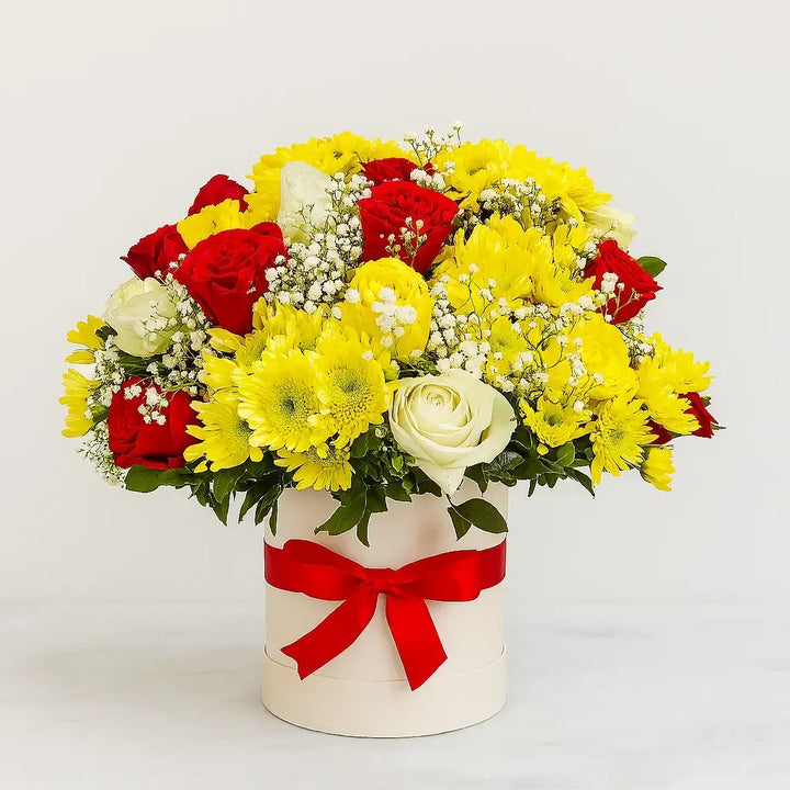 Yellow Chrysanthemums and Red Roses in White Box - atfleurs