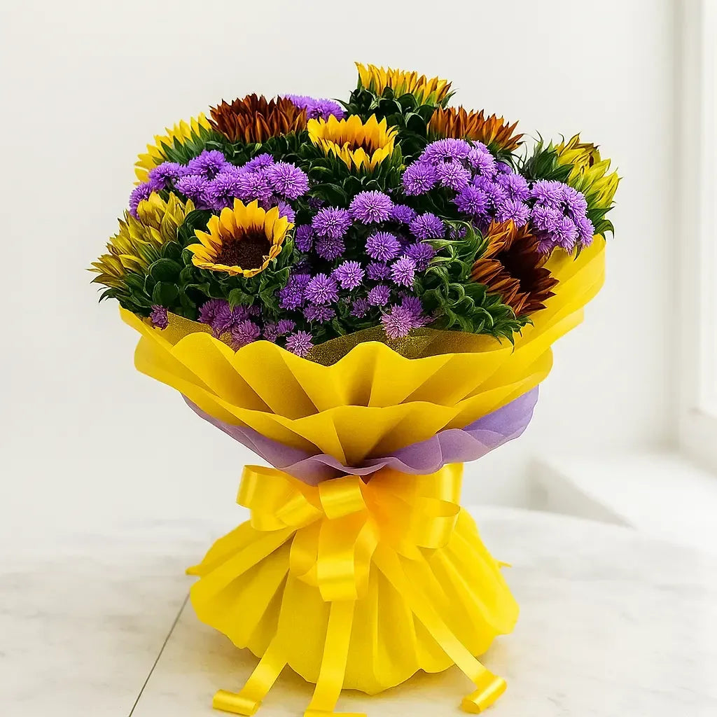 Bright Sunflower and Purple Chrysanthemum Bouquet - atfleurs