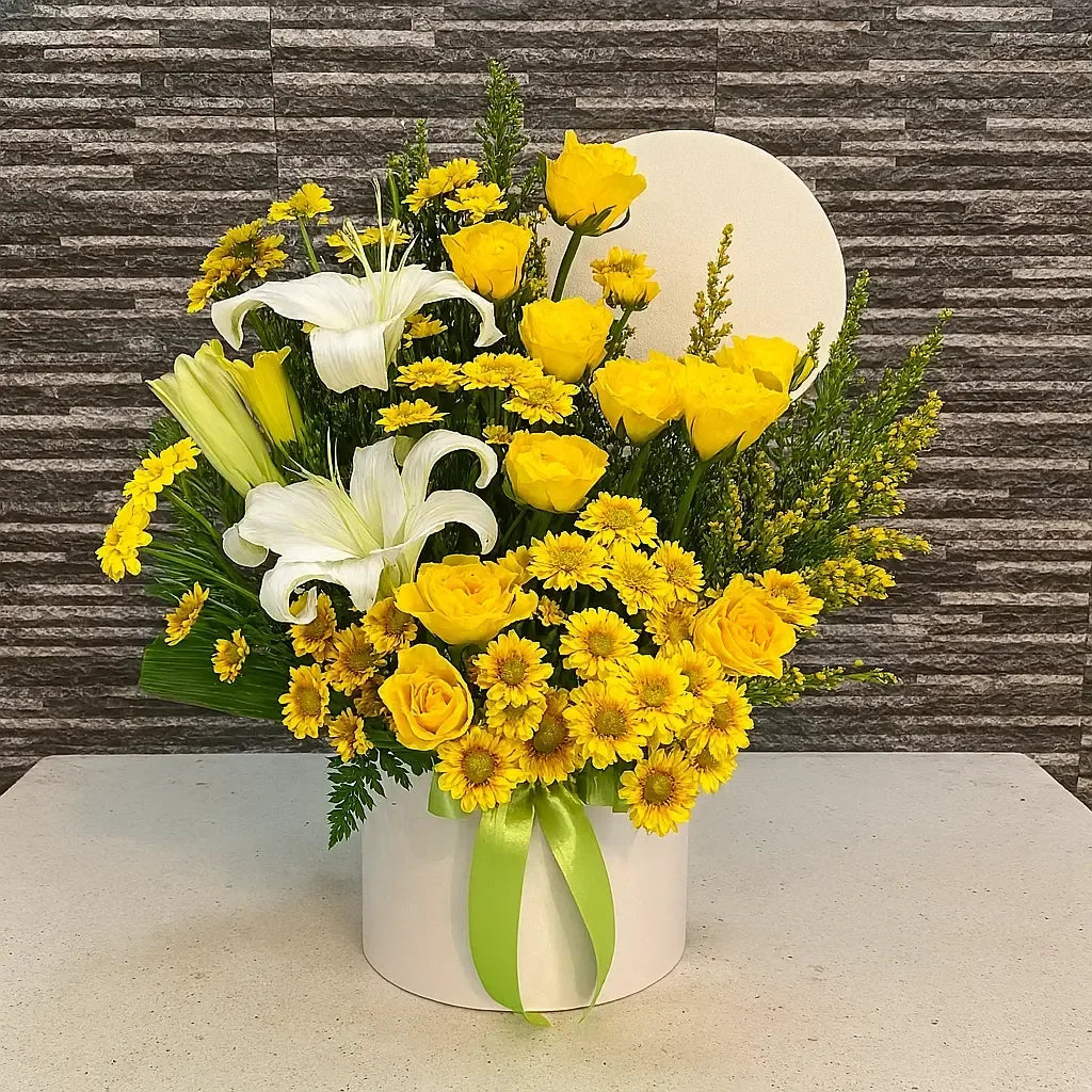 White Lilies Yellow Roses and Chrysanthemums in White Hat Box - atfleurs