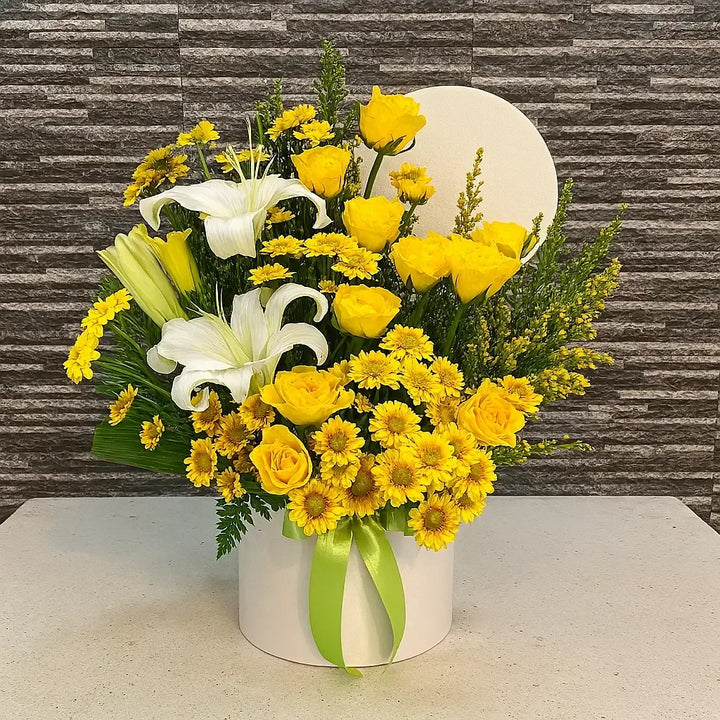 White Lilies Yellow Roses and Chrysanthemums in White Hat Box - atfleurs