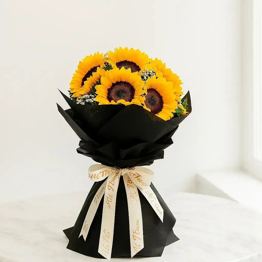 Bright Sunflower Hand Bouquet with Baby’s Breath - atfleurs