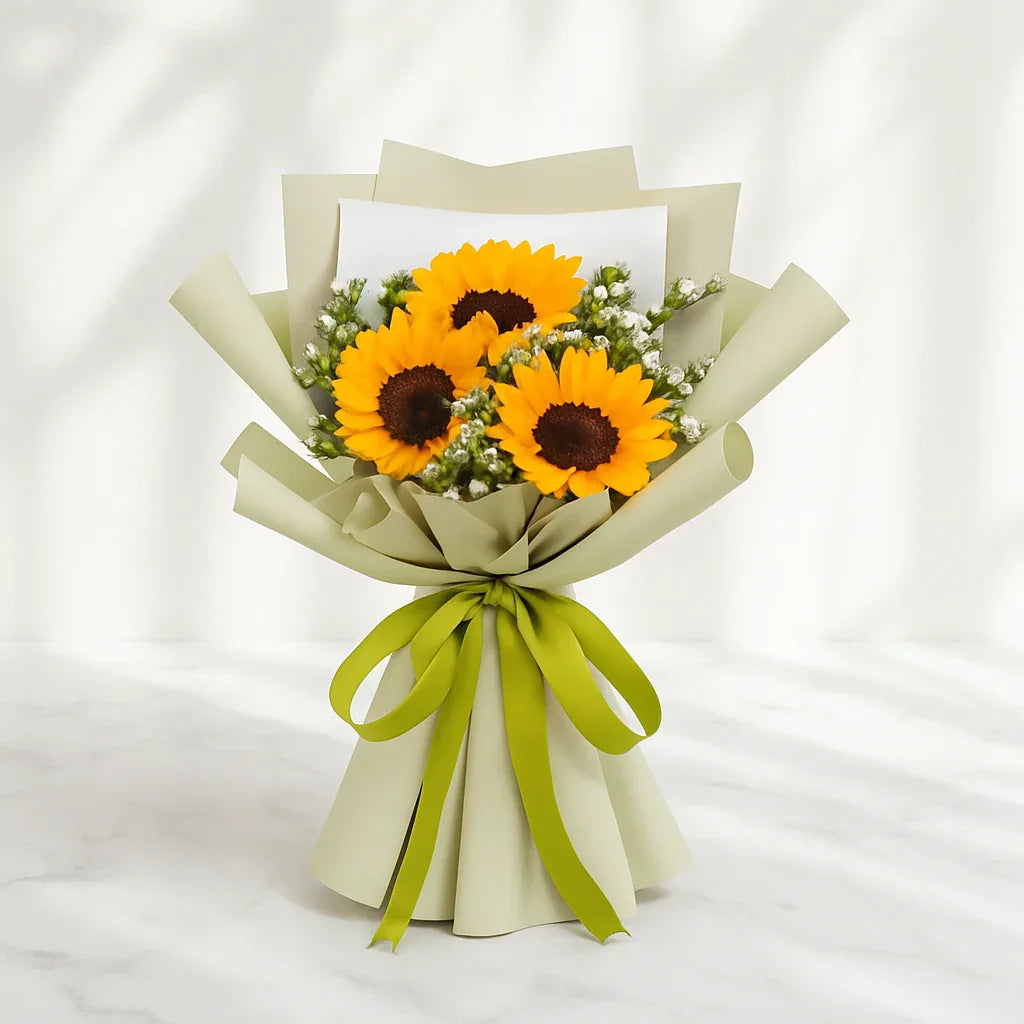 Sunflower Hand Bouquet with Baby’s Breath and Green Wrap - atfleurs