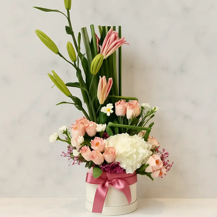Hydrangea Lilies and Rose Box with Carnations and Gypso - atfleurs
