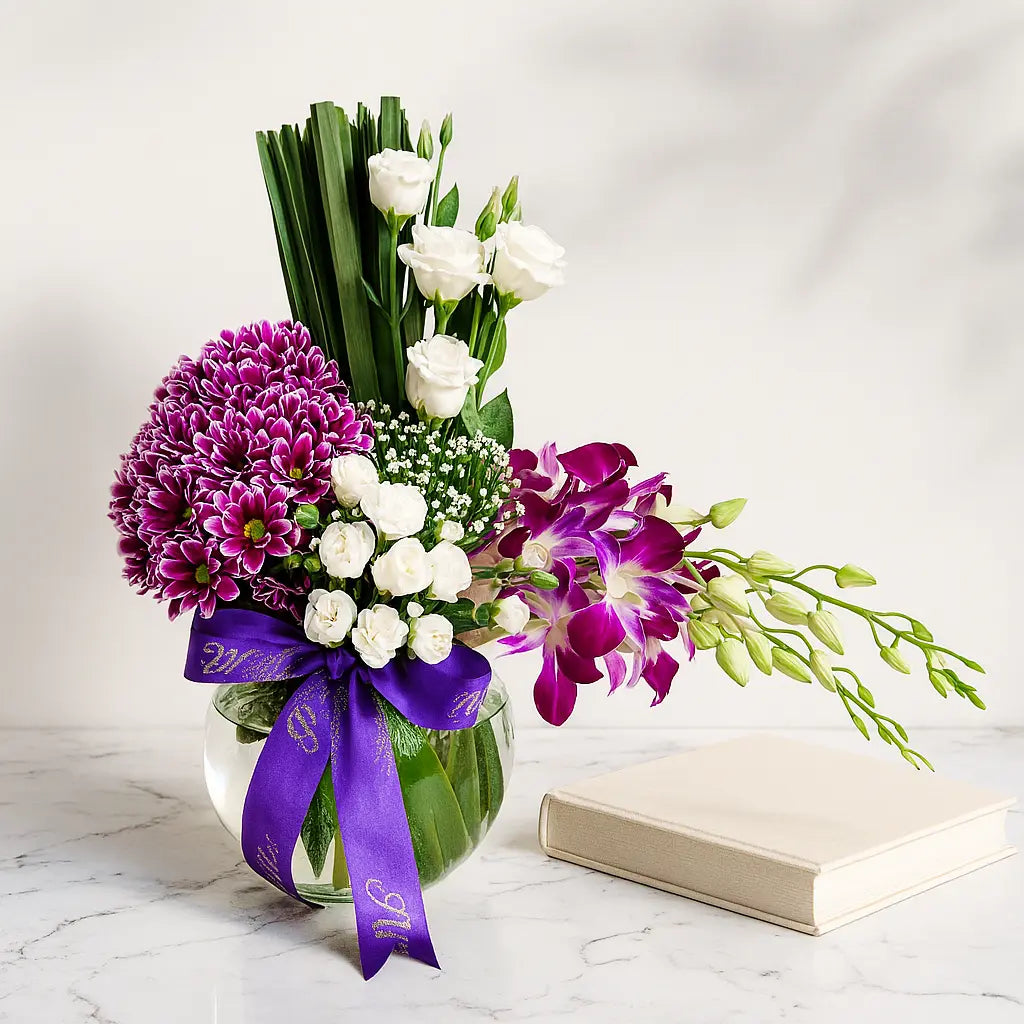 A Chrysanthemum-Studded Vase with Purple Orchids and Roses