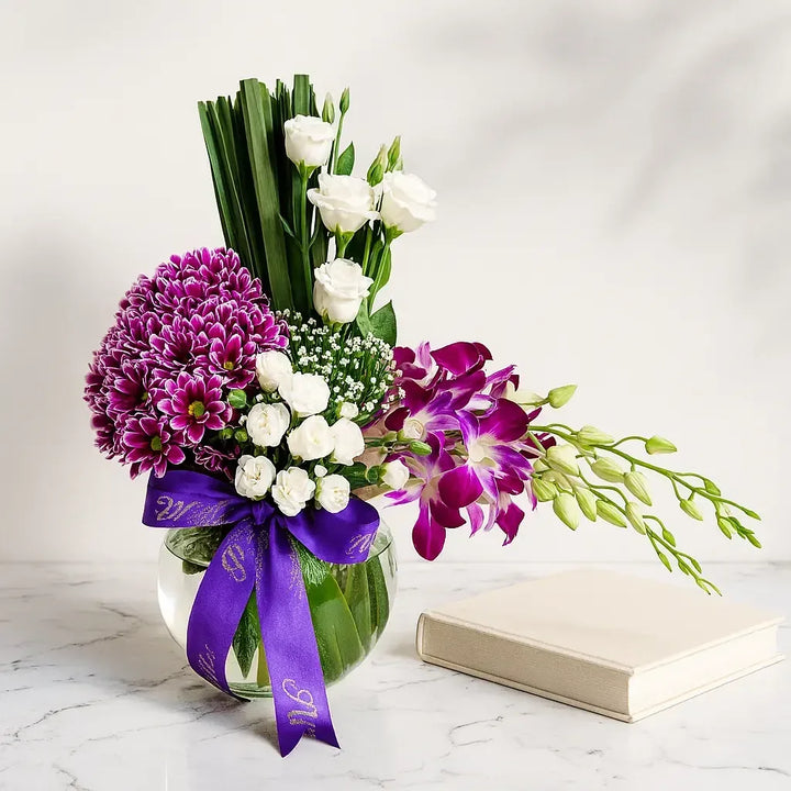 A Chrysanthemum Vase with Purple Orchids and Roses - atfleurs