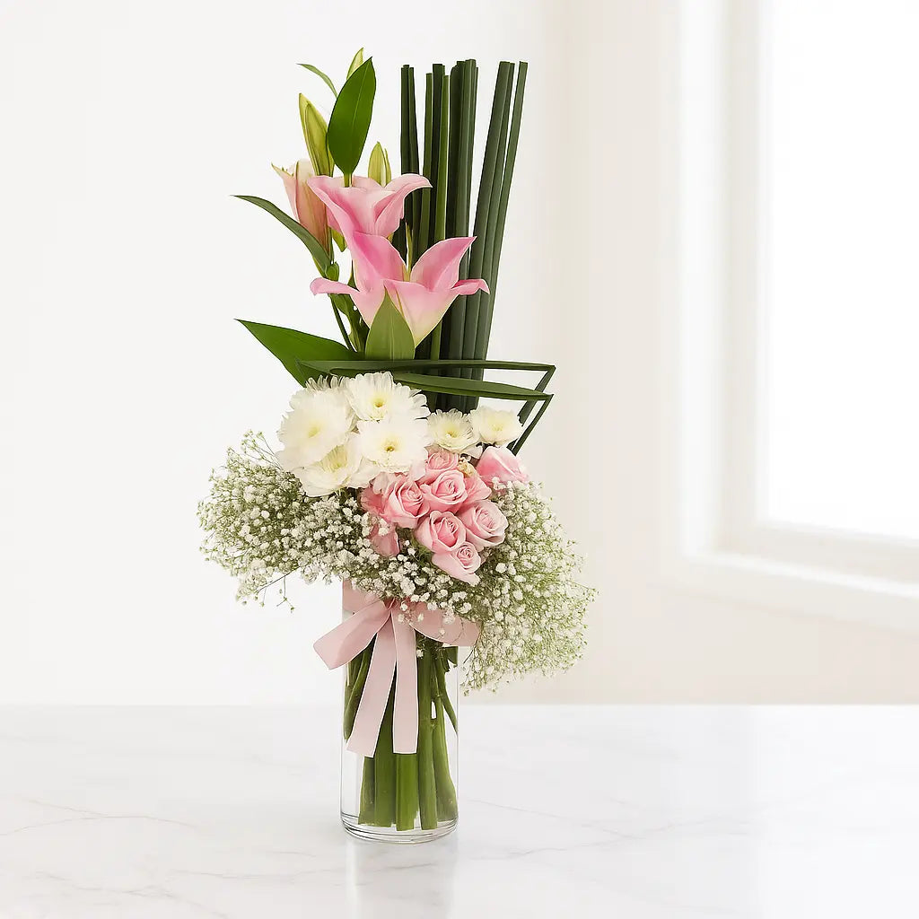 Pink Lilies Roses Chrysanthemums and Gypso in Glass Vase