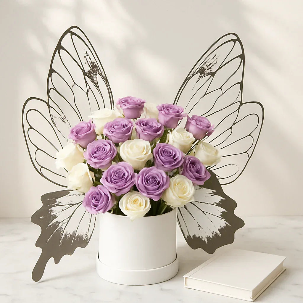Lavender and White Rose Box with Butterfly Wings - atfleurs