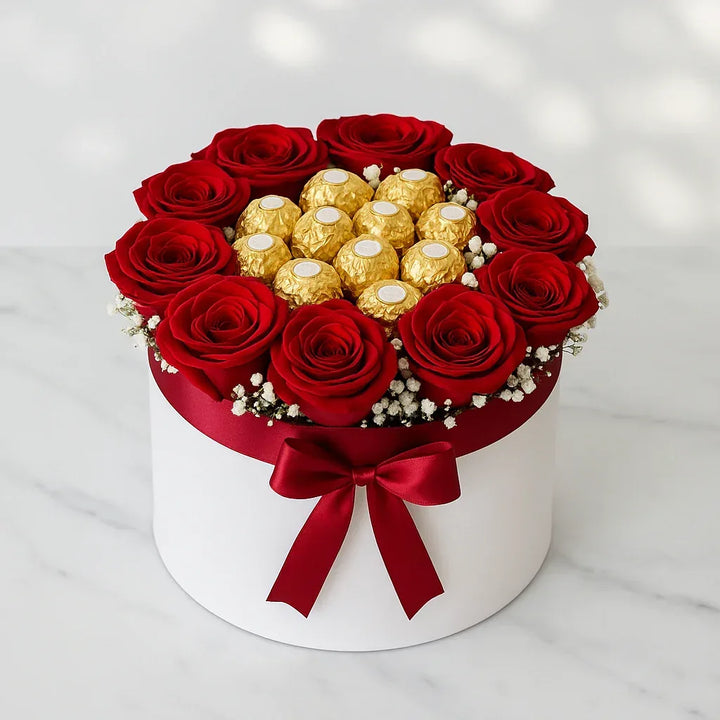 Red Roses Bouquet with Gypsophila - atfleurs