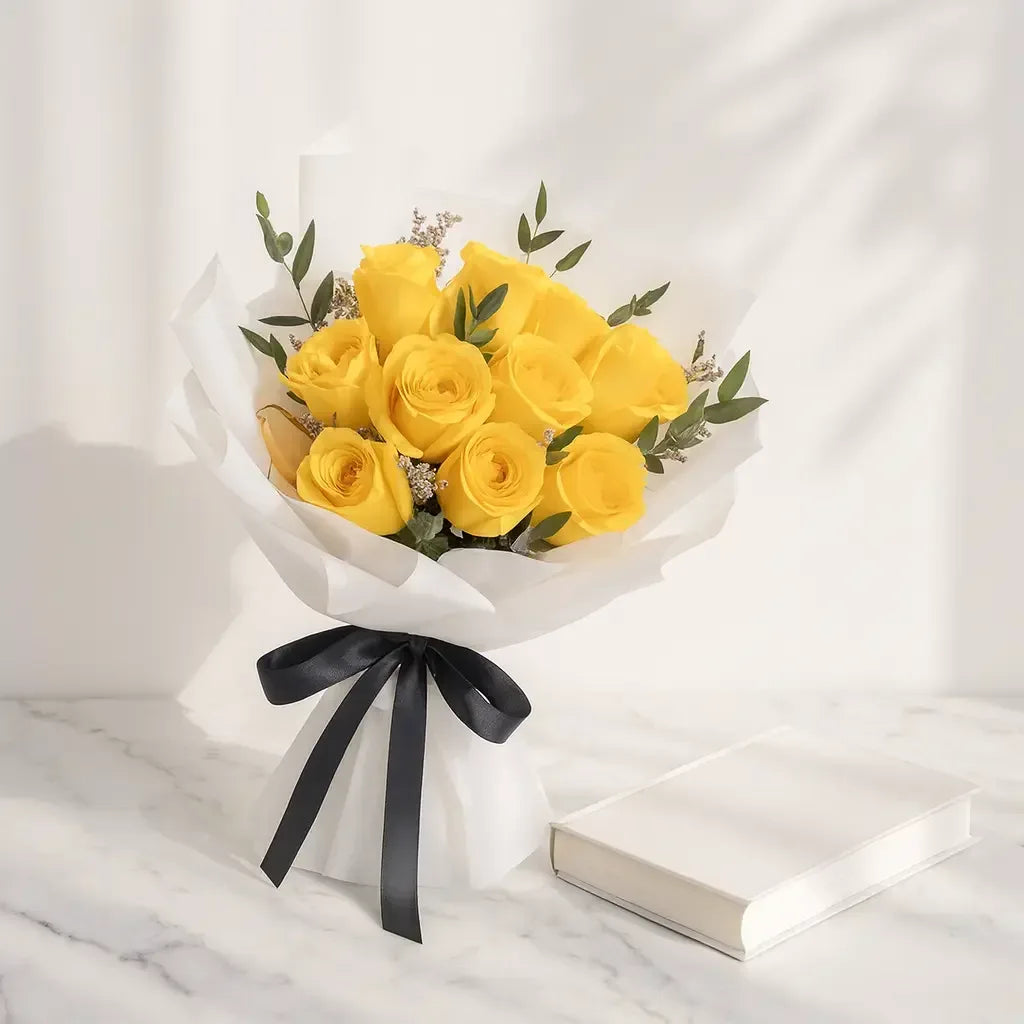 Bouquet of Yellow Roses with Guso Filler and Black Ribbon - atfleurs
