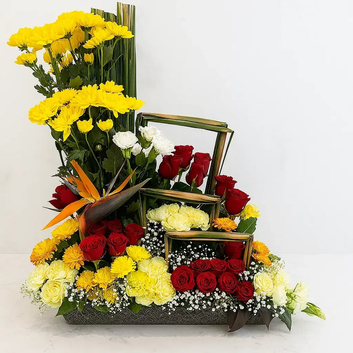 Bird of Paradise and Rose Flower Box with Chrysanthemums - atfleurs