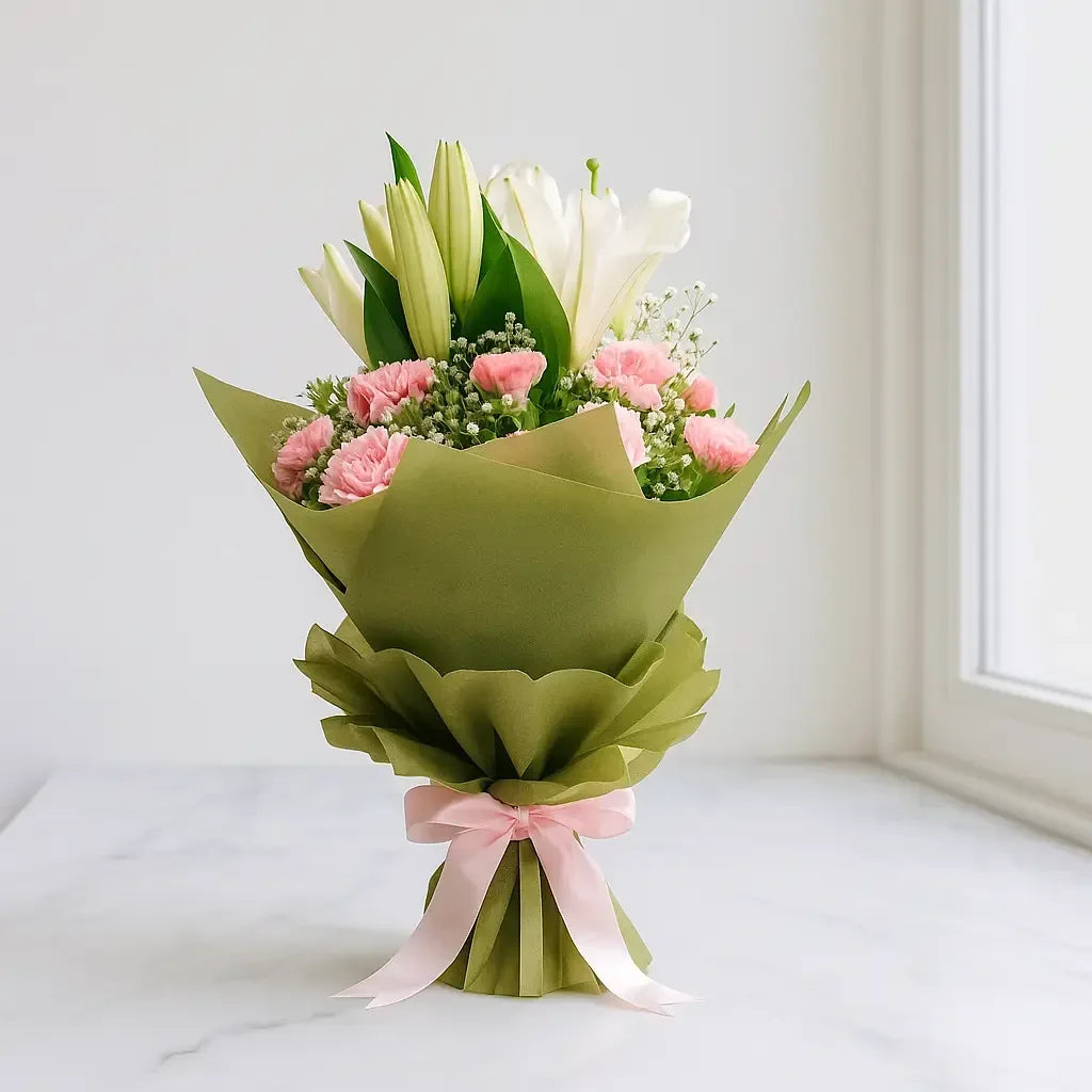 Pink Carnations and White Lilies Hand Bouquet - atfleurs