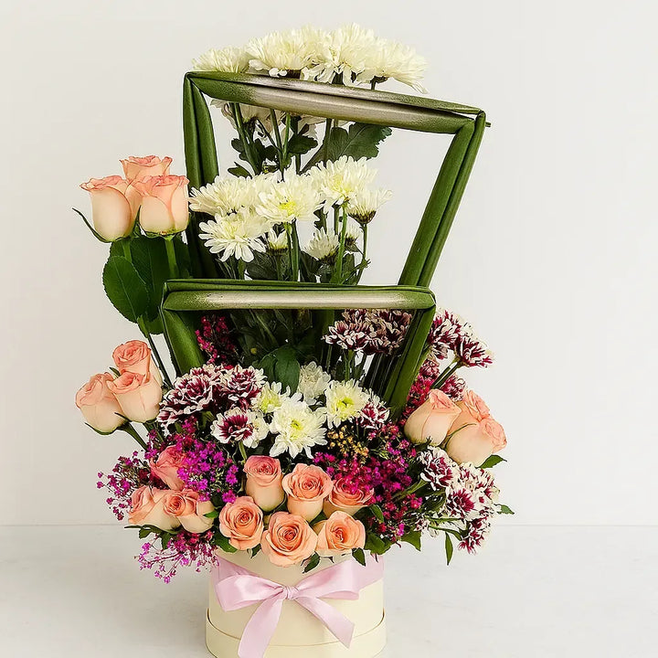 Box Arrangement with Roses Crhysanthemums and Gypso - atfleurs