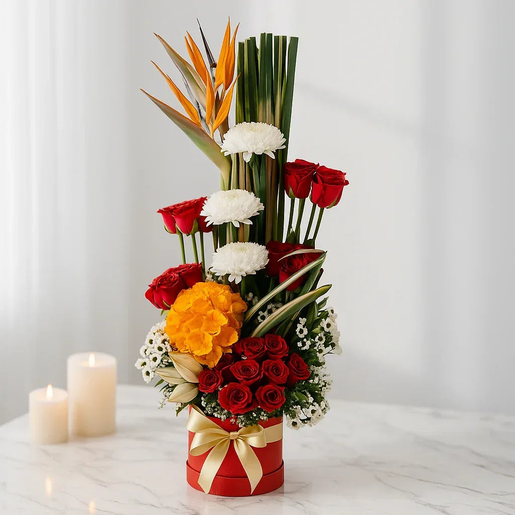 Red Roses Box with Hydrangea Sentiky Gypsophila and Bird of Paradise - atfleurs