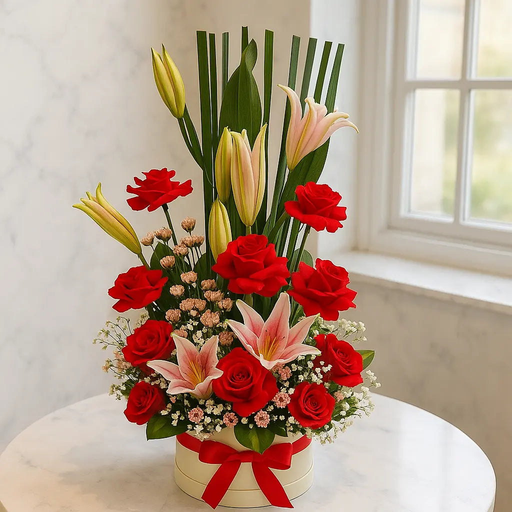 Lilies and Red Roses with Gypso in Box