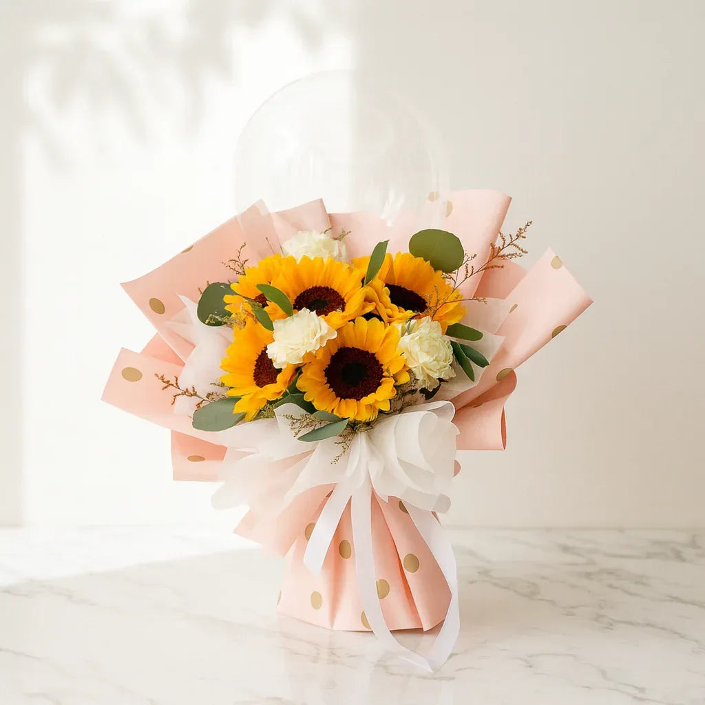 Sunflower and Carnation Bouquet with Balloon Wrap - atfleurs