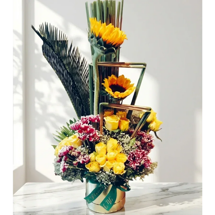 Sunflower and Yellow Rose Box with Chrysanthemums - atfleurs