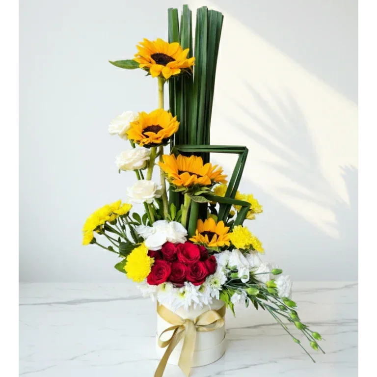 Sunflower Rose and Chrysanthemum Box Arrangement - atfleurs
