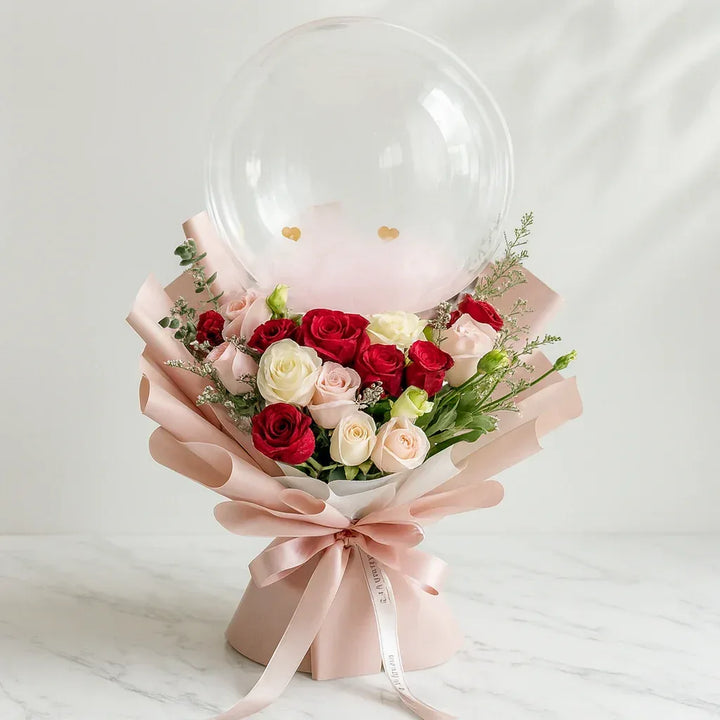 Red and White Rose Bouquet with Balloon and Gypso - atfleurs