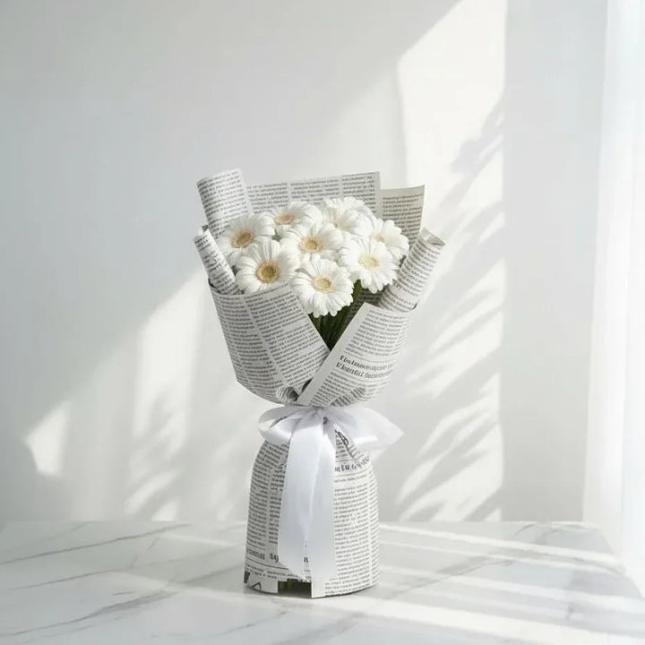 White Gerberas Bouquet with Newspaper Wrapping - atfleurs