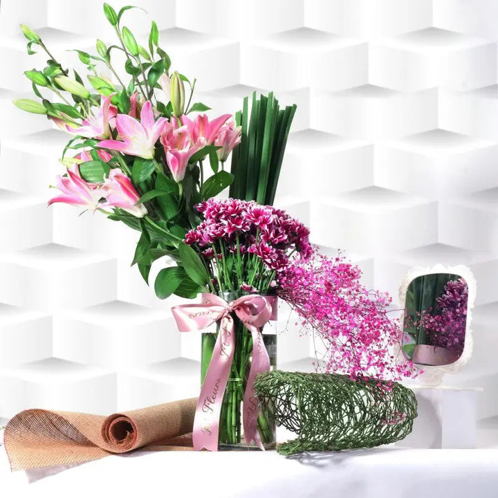 Pink Lilies & Purple Chrysanthemum Floral Vase Mix atfleurs