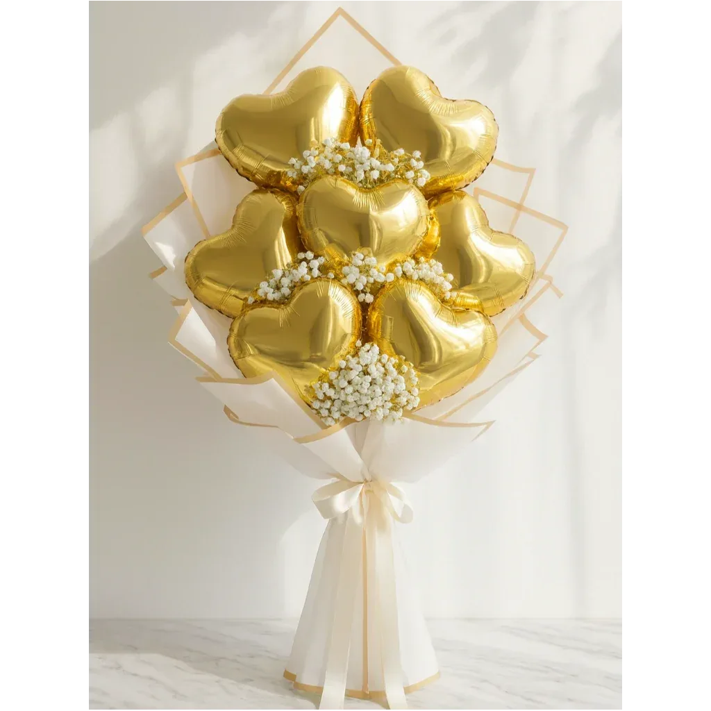 Golden Heart Balloon Bouquet with Gypso Flowers - atfleurs