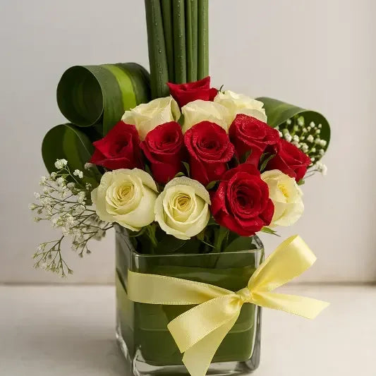 Red & White Rose Vase Arrangement - atfleurs