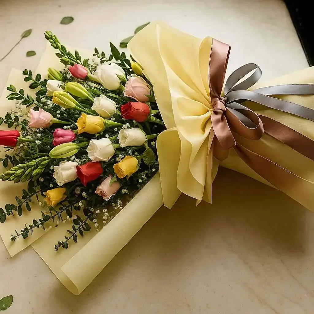 Multicolour Roses & Lily Hand Bunch - atfleurs