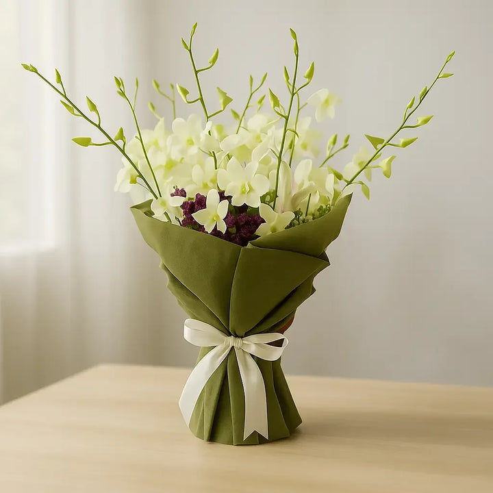 Fresh White Orchid Bouquet with Seasonal Greens - atfleurs