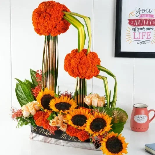 Sunflower and Marigold Flower Arrangement - atfleurs