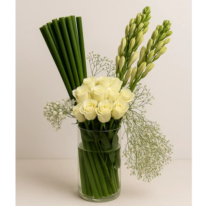 White Rose & Tuberose in Elegant Glass Vase - atfleurs