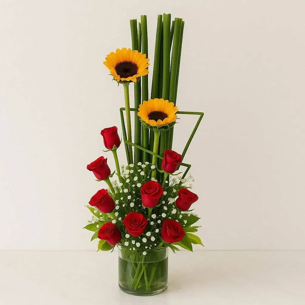 Beautiful Red Rose and Sunflower Arrangement - atfleurs