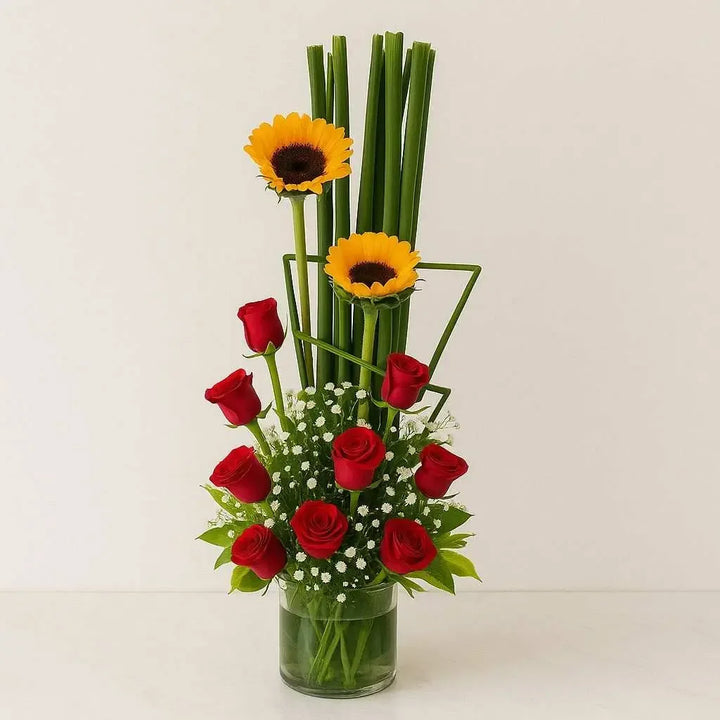 Beautiful Red Rose and Sunflower Arrangement - atfleurs