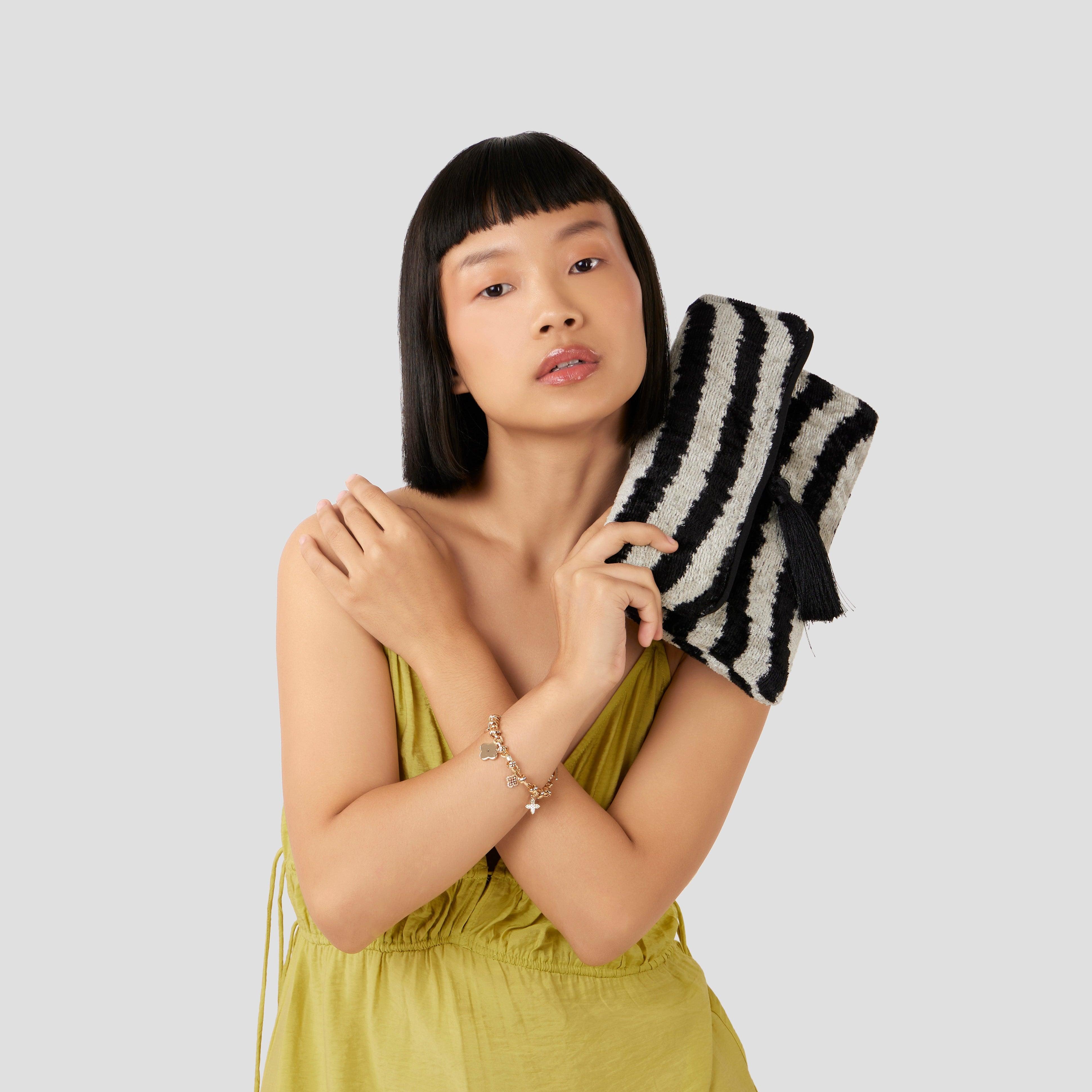Velvet Silk Foldover Clutch Black & White