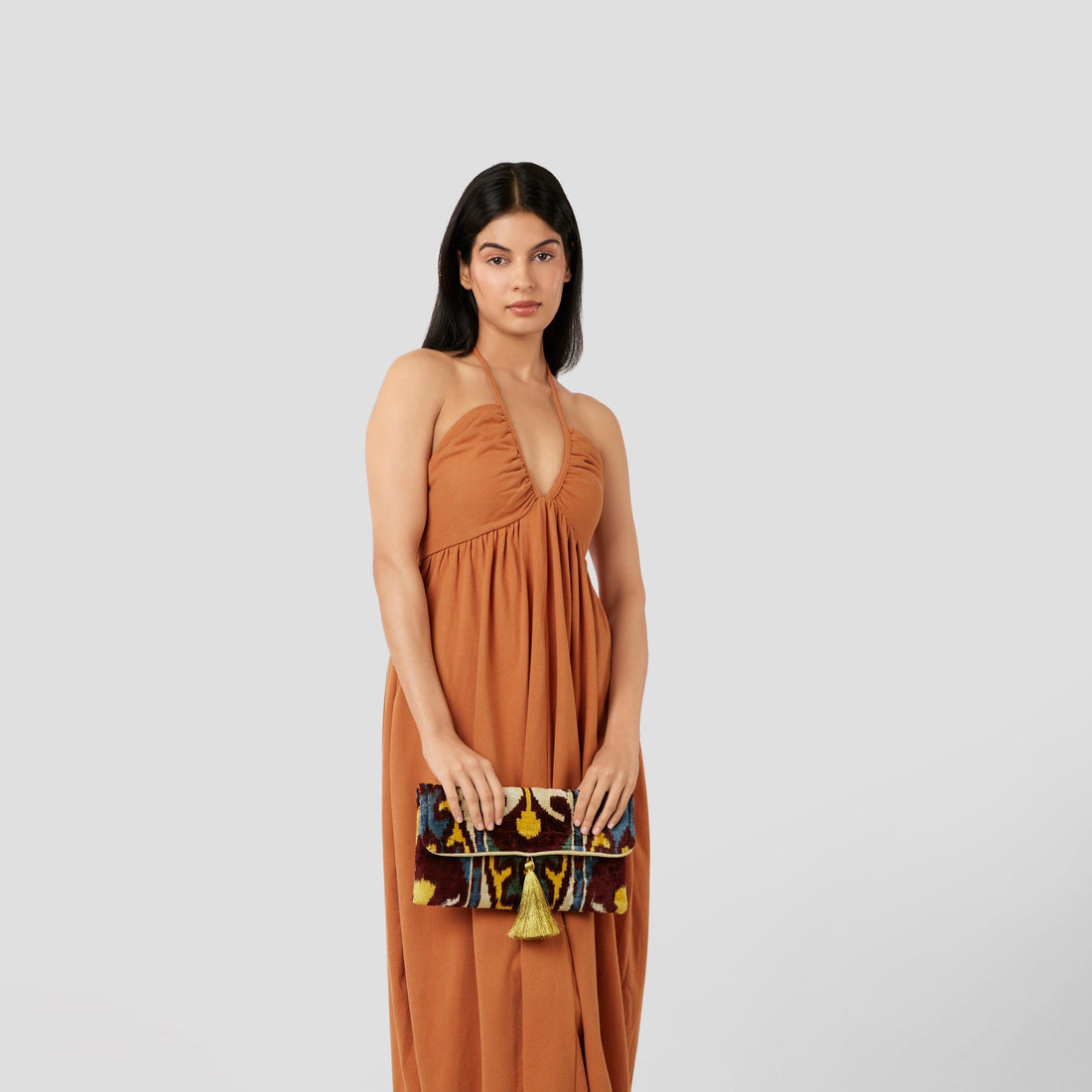 Velvet Silk Foldover Clutch Burgundy & Yellow