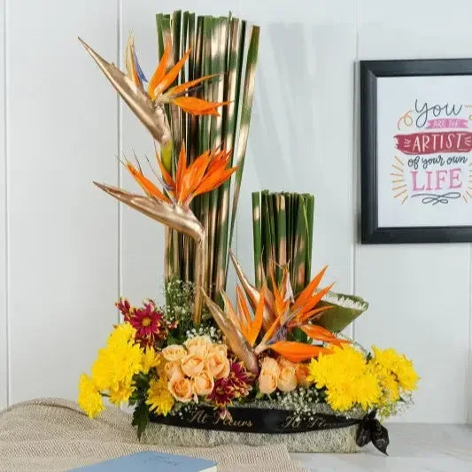 Bird of Paradise & Peach Roses Display - atfleurs