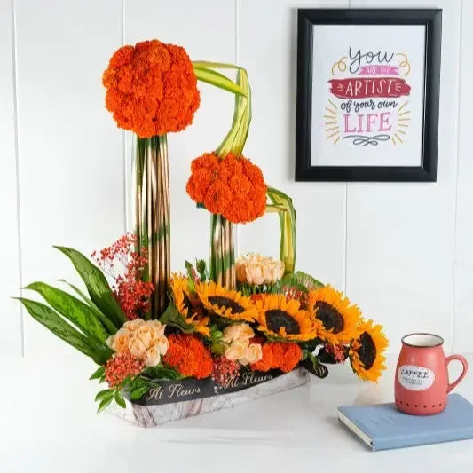 Sunflower and Marigold Flower Arrangement - atfleurs