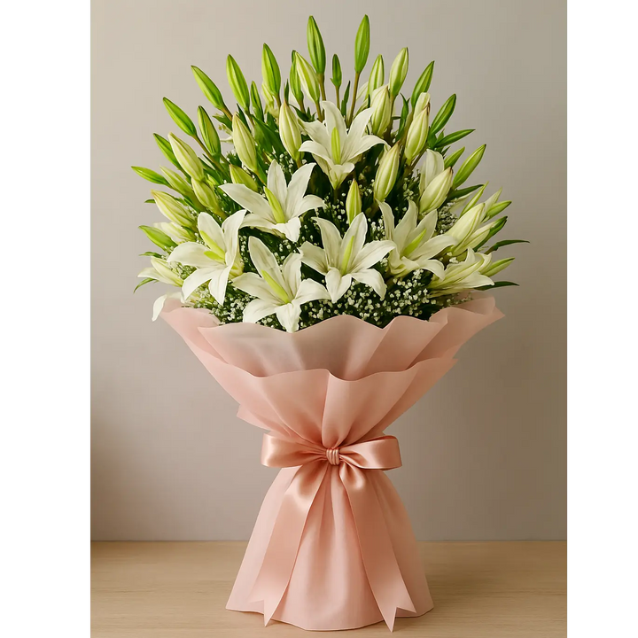 10 White Lily Bouquet with Baby’s Breath atfleurs