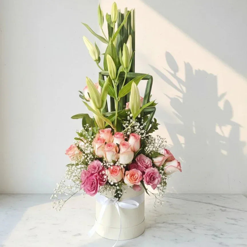 Pink Rose and Lily Box Arrangement - atfleurs