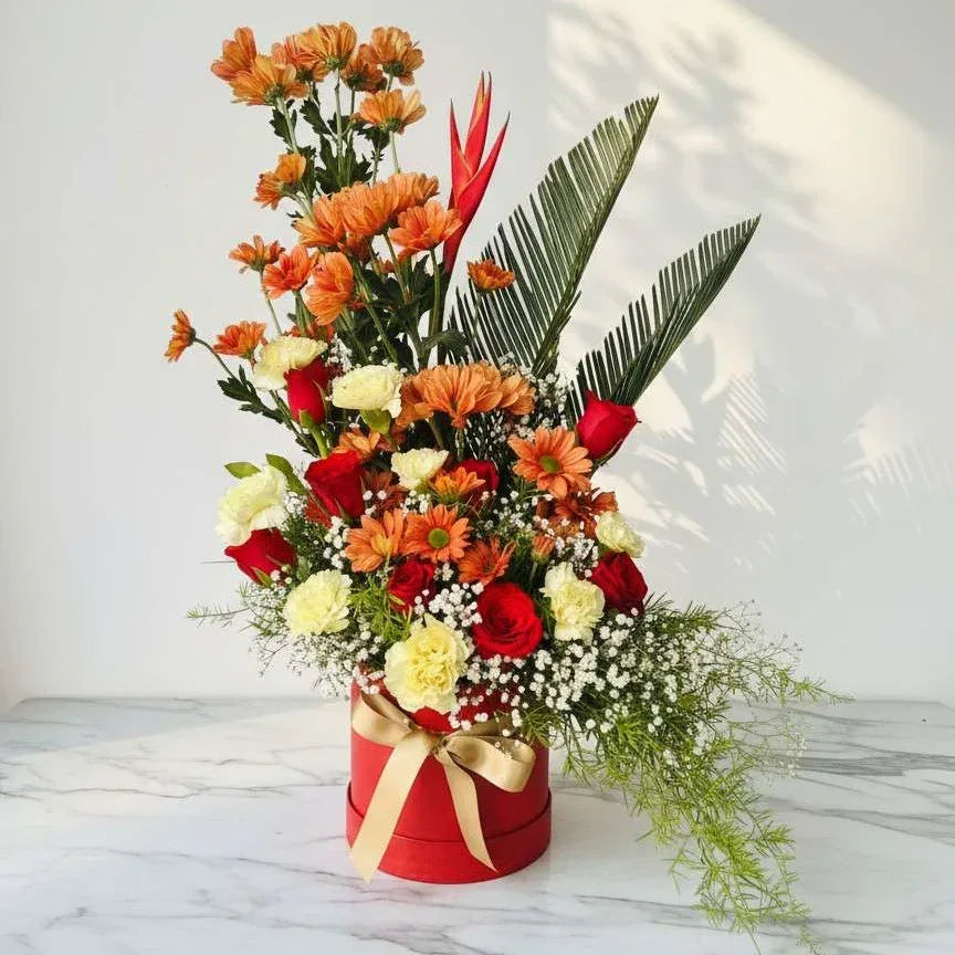 Orange Daisy and Rose Box Arrangement - atfleurs
