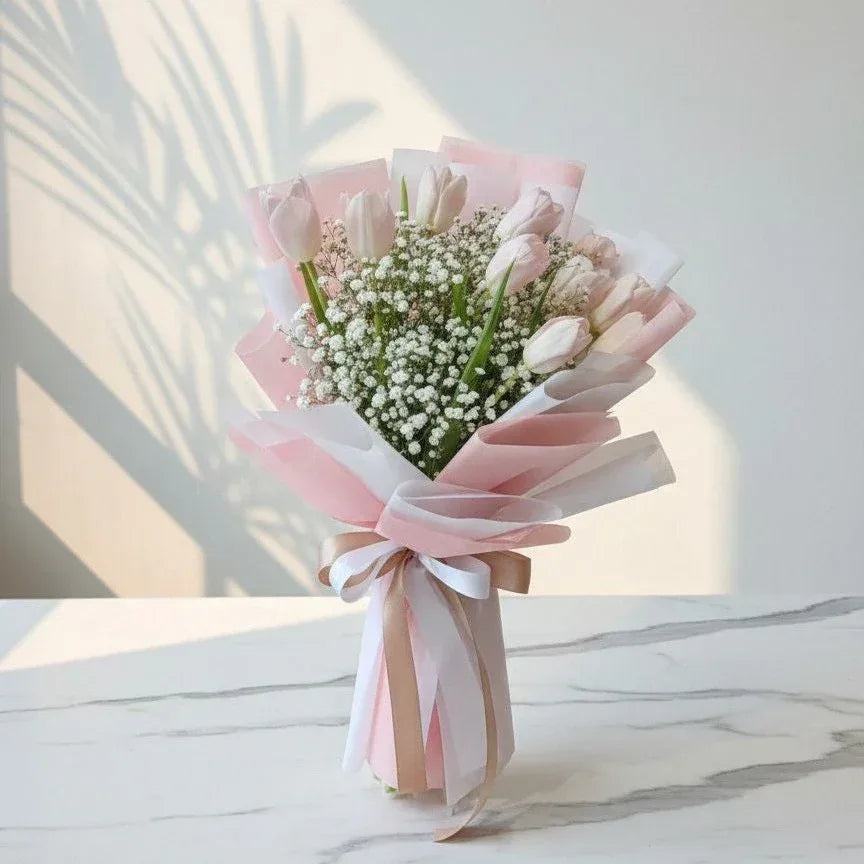 Pink Tulip and Baby’s Breath Bouquet - atfleurs
