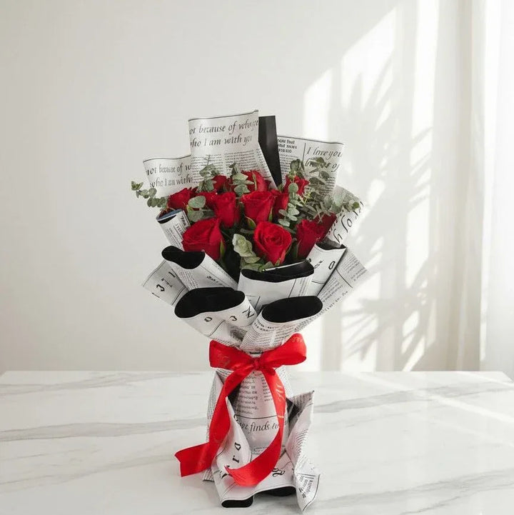 Red Rose Newspaper Wrap Bouquet - atfleurs