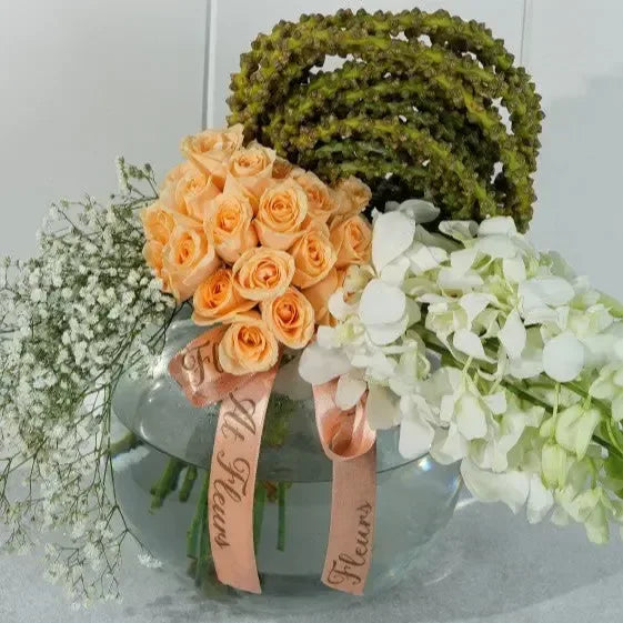 White Orchid & Peach Roses Fish Bowl - atfleurs