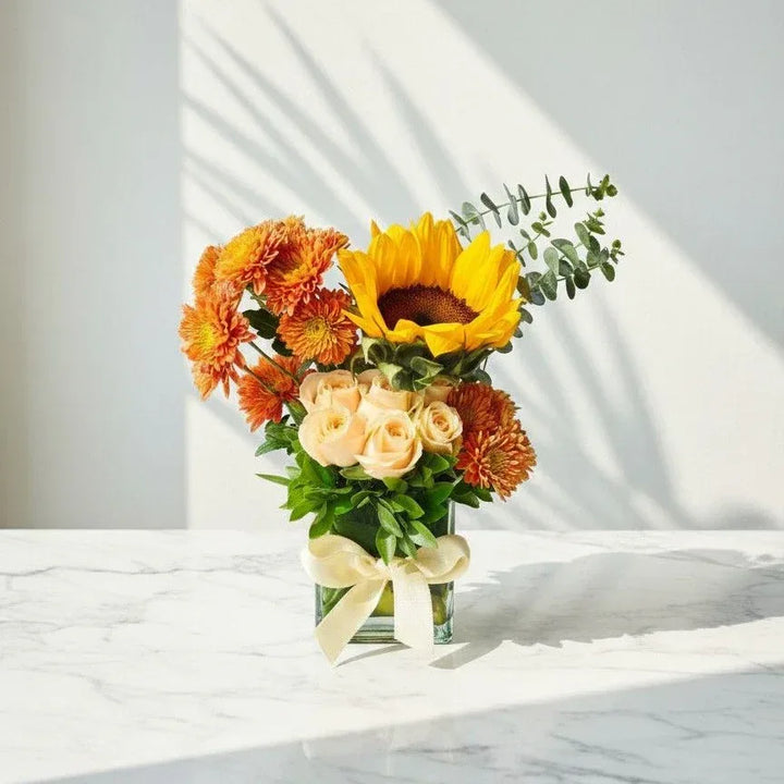 Sunflower and Peach Rose Vase - atfleurs