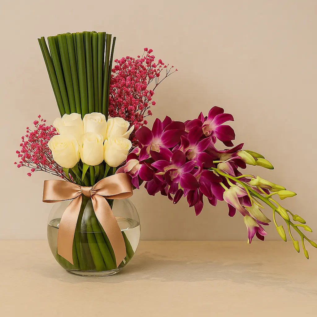 White Rose & Orchid Glass Vase atfleurs