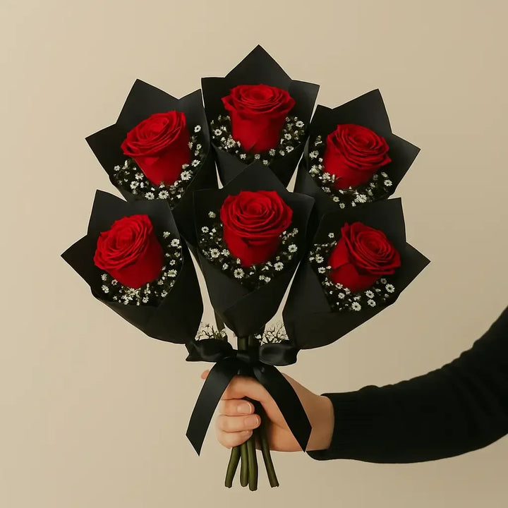 6 Red Roses in Chic Black Wrap - atfleurs