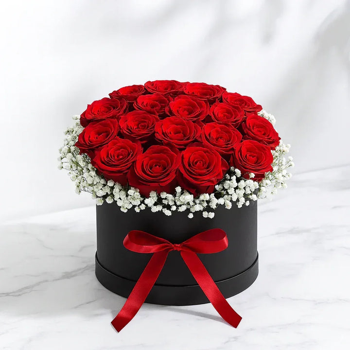 Red Roses and Baby’s Breath Flower Box Arrangement - atfleurs