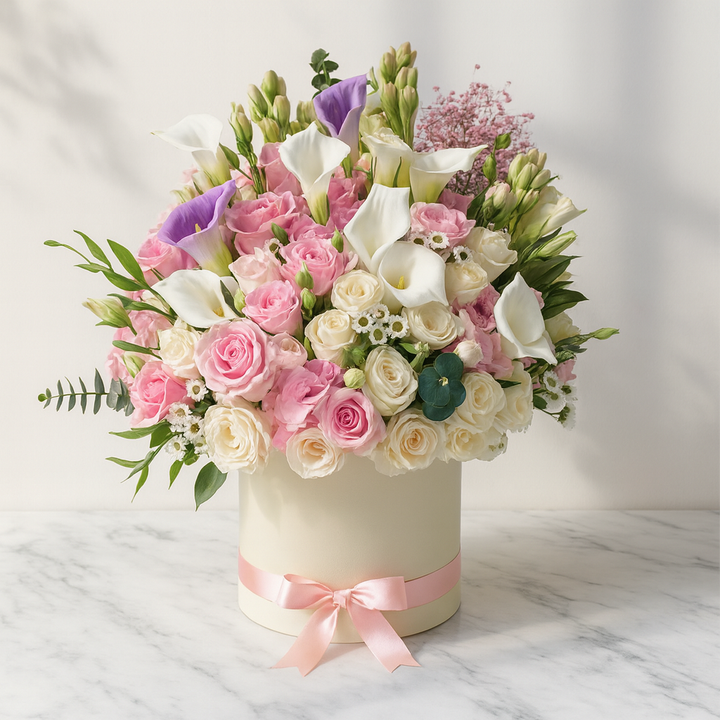 Calla Lily and Pastel Rose Floral Box atfleurs