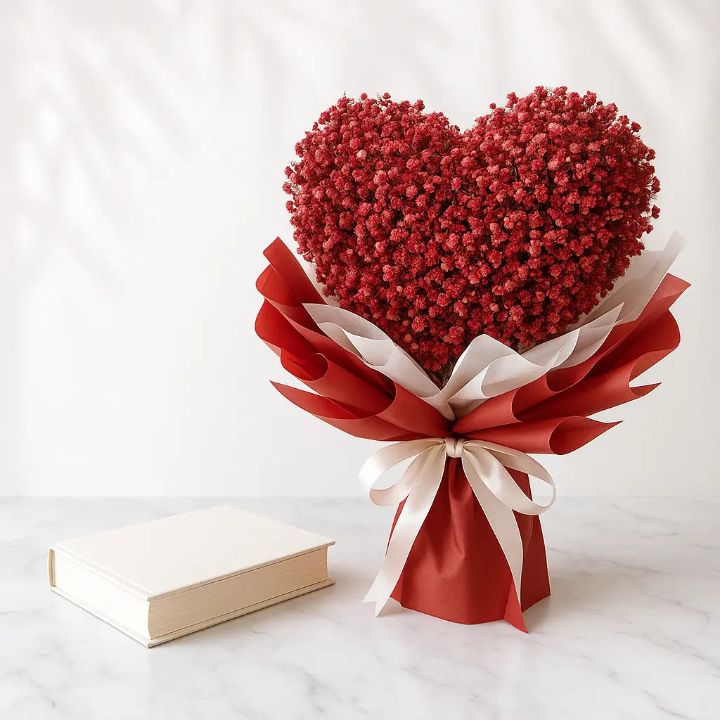 Delicate heart-shaped hand bouquet crafted with fresh gypso flowers, ideal for romantic surprises, anniversaries, or heartfelt gifting. A soft and meaningful floral gesture to express love and affection on special occasions.