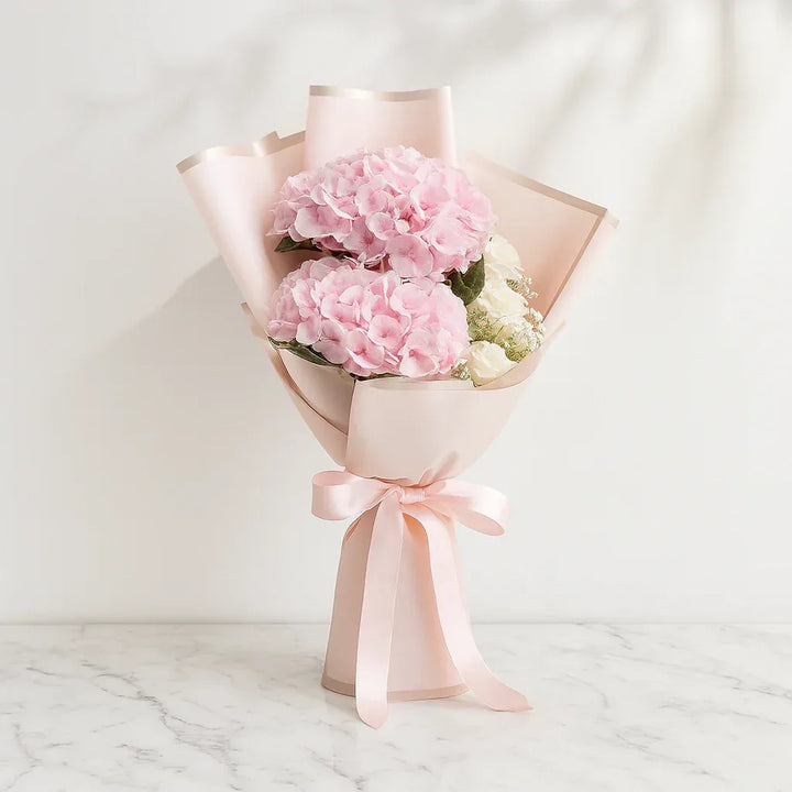 Hydrangea, Rose & Gypso Hand Bouquet - atfleurs