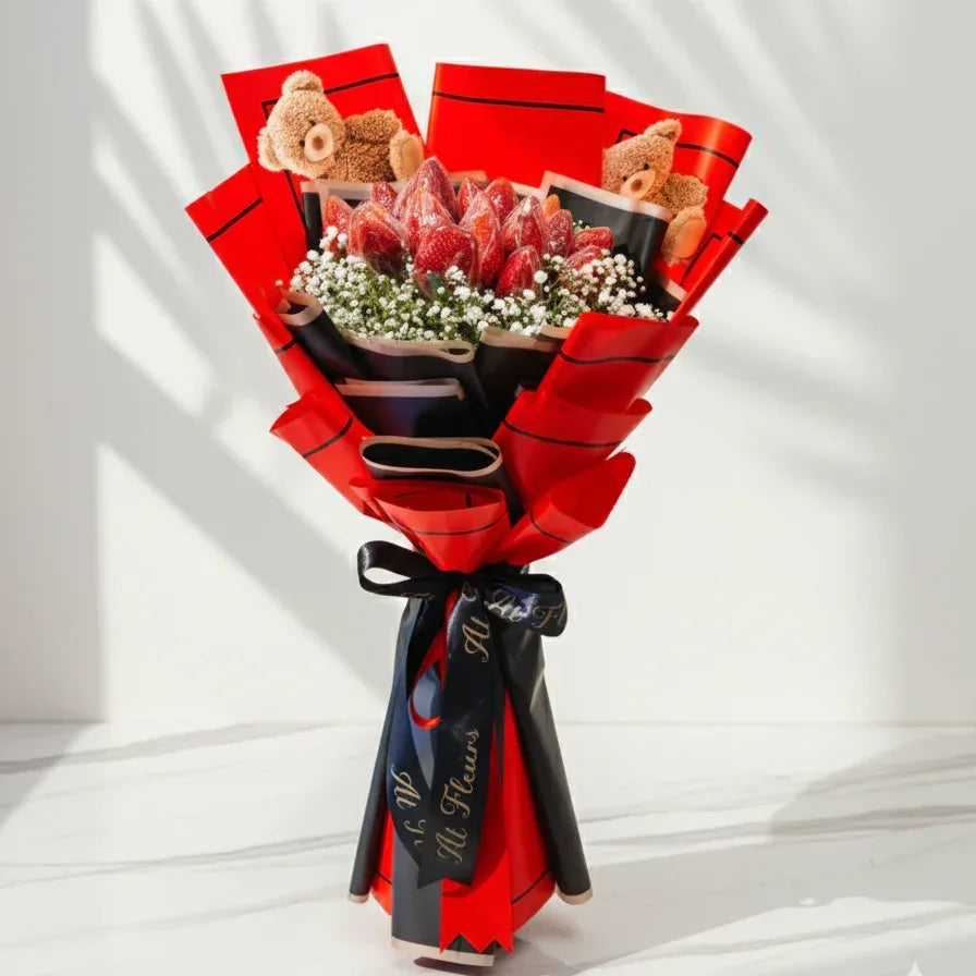 Strawberry Teddy Wrap Bouquet - atfleurs